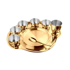 Nifty High Grade Stainless Steel Thali Set With PVD Coating, Gold | 5 Katoris+ 1 Glass+ 1 Quarter Plate+ 1 Full Plate+ 1 Dessert Spoon