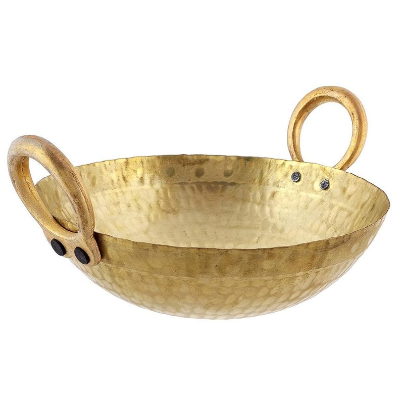 Golden Brass Pital Kadhai Heavy Weight Serving Kadhai - Kadai Cookware, 3 Liters - 12 X24 X8 Centimeters | Non-Toxic