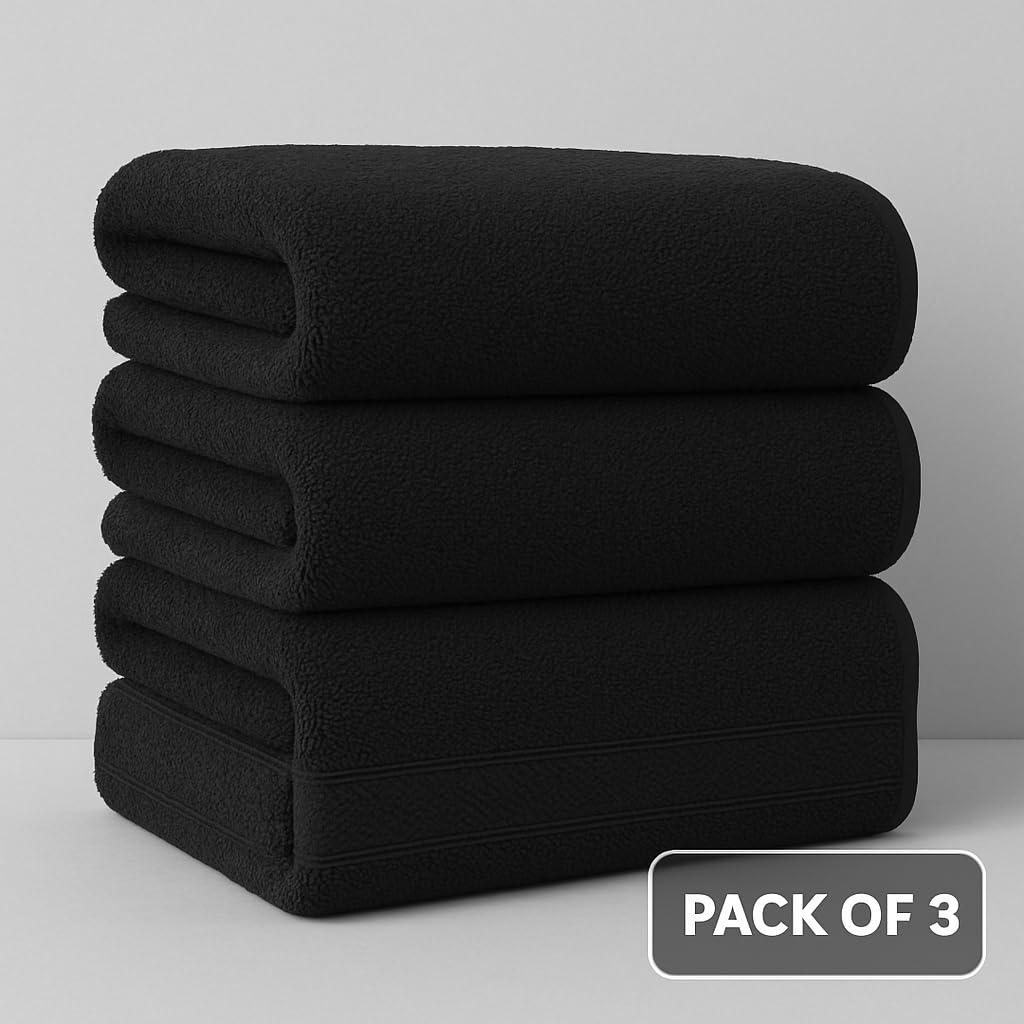 Bless Berries Soft Comfort 100% Cotton Bath Towel 1500 Gsm | Large Size Bathroom Towel For Men & Women (Black) - Pack Of 3