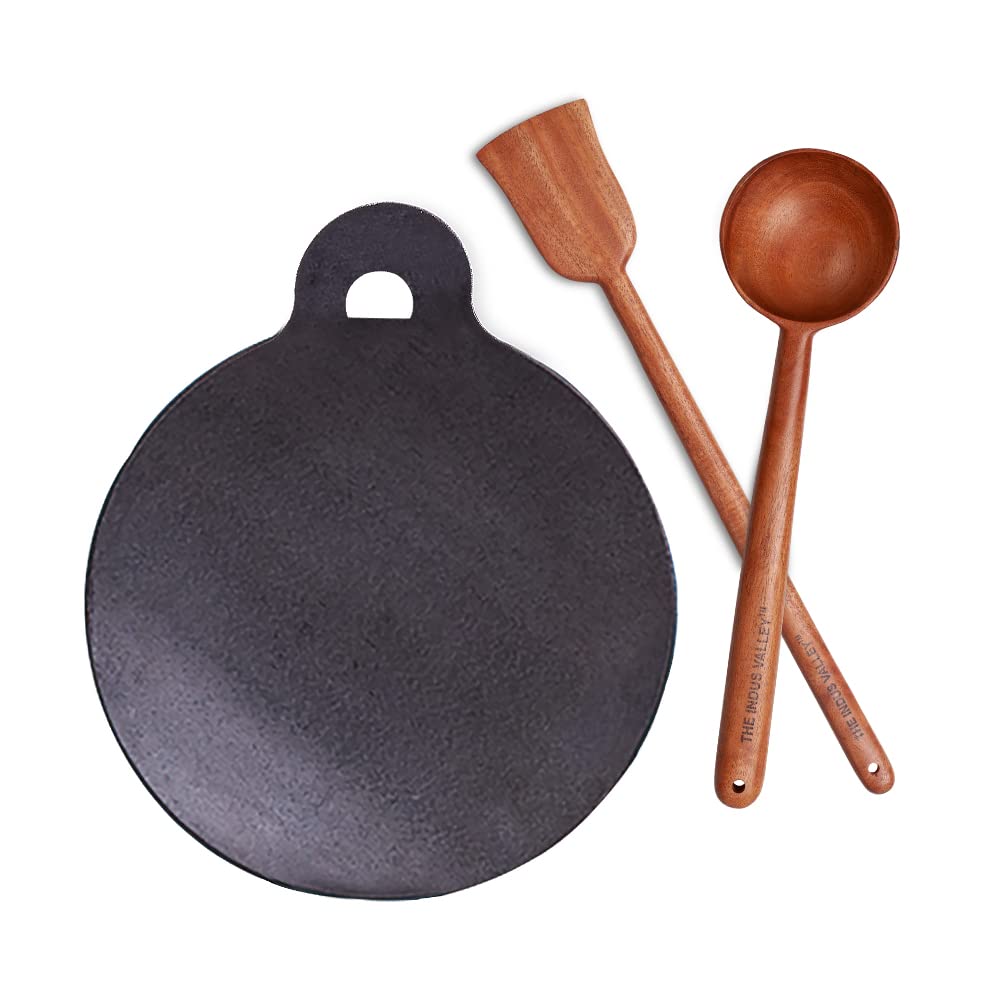 Pre-Seasoned Black Iron Tawa With Wooden Spatula & Flip For Dosa, Chapathi - 28cm, 11 Inch, 1.5 Kg | Gas Compatible, 100% Pure & Toxin-Free, No Chemical Coating