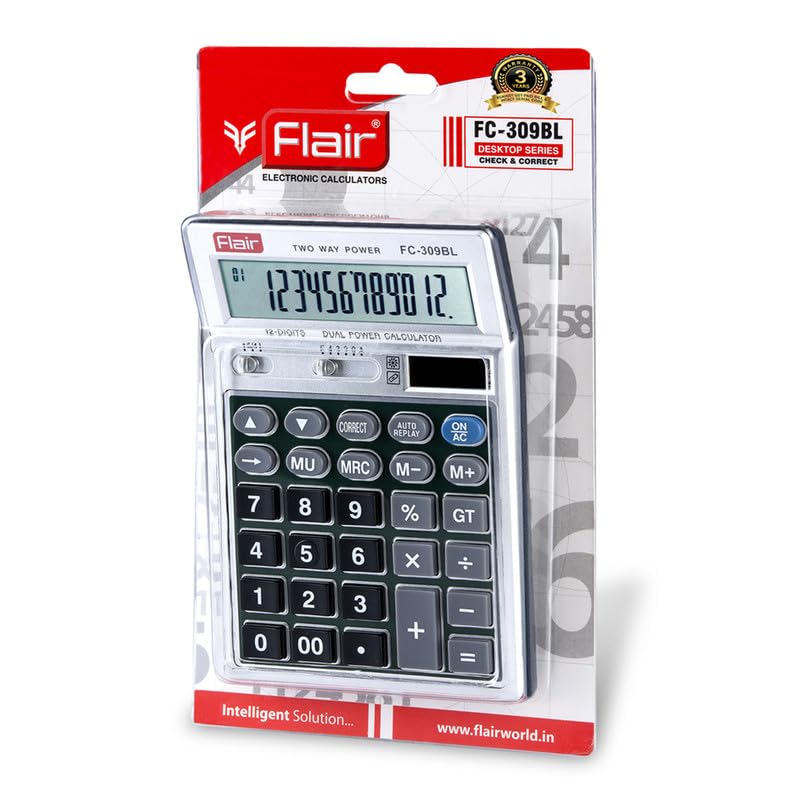 Flair FC-309 Desktop Series Calculator | Best Key Layout | Gt Keys With Metal Cladding | Mark Up With Battery Dual Power | 99 Steps Check & Correct | For Home, Office And Shop Use | Grey