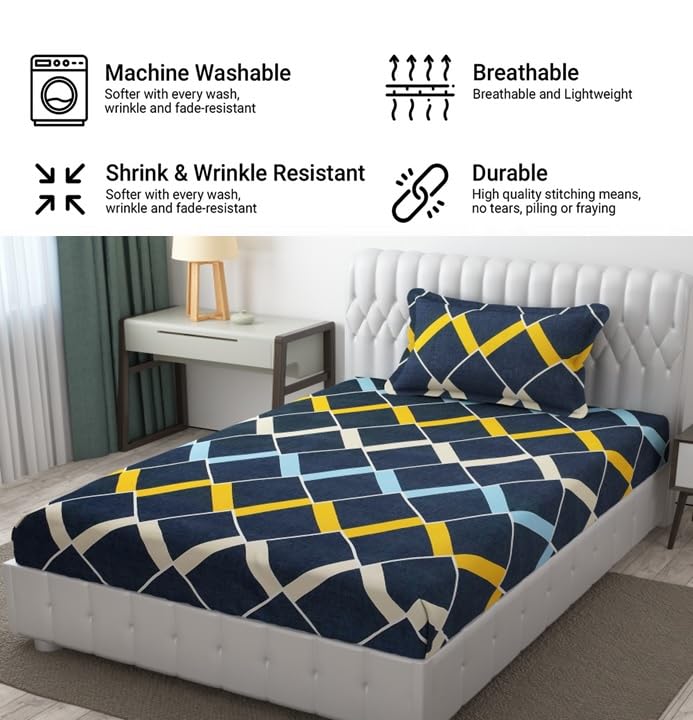 Microfiber Single Bedsheet Set With 1 Pillow Covers (60 X 90 Inches) Dark Blue | Durable & Long-Lasting | 144 Thread Count | Wrinkle Free