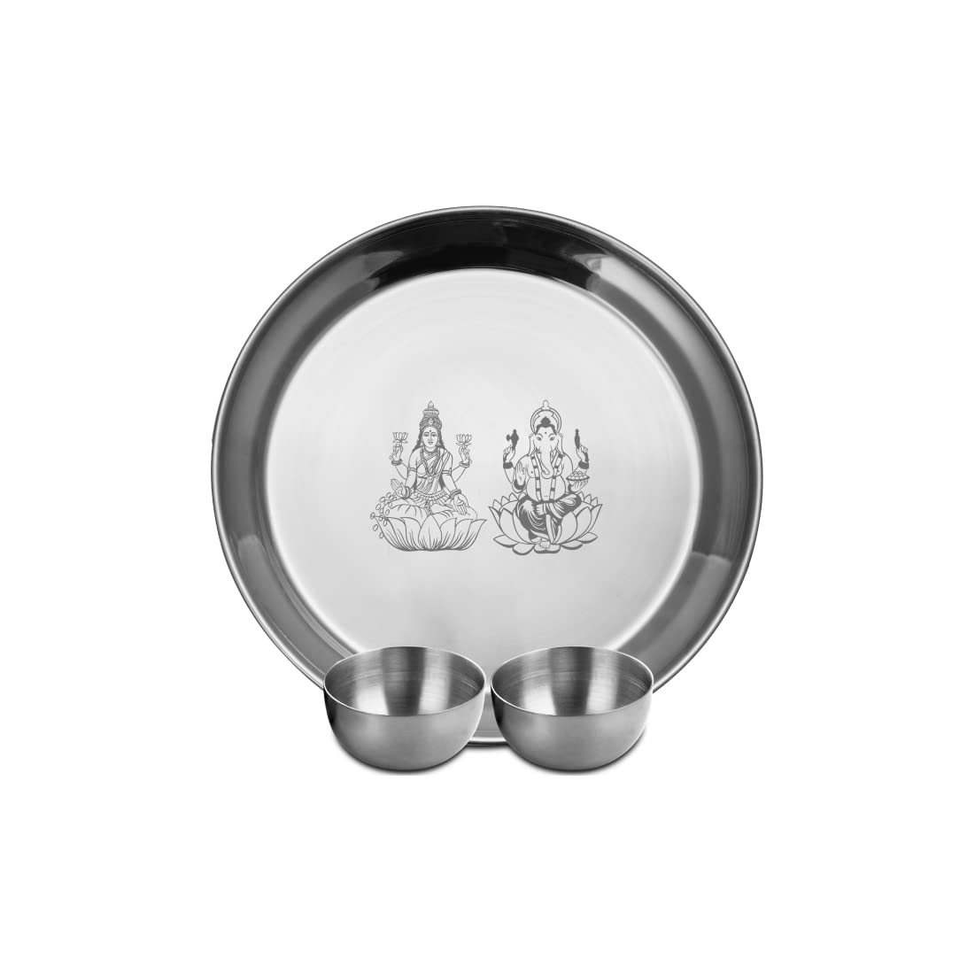 Stainless Steel Laxmi & Ganesh Ji Pooja Thali Set Of 3, Silver | 1 Pooja Thali+ 2 Katoris - Easy To Clean & Dishwasher Safe