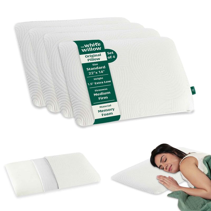 Ultra Thin Pillow For Sleeping, Orthopedic Cervical Pillow - Standard Size - 1.5 Inch | Ultra Slim Memory Foam Pillow | Pillow For Neck & Shoulder Pain Relief, Washable Cover - Set Of 4