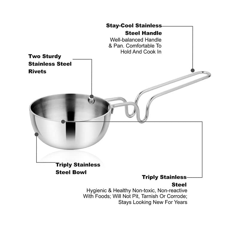 Silver Stainless Steel Tadka Pan Compatible With Gas - Useful For Home & Kitchen, Restaurants, Hotels | Dia-14cm, Capacity - 500ml