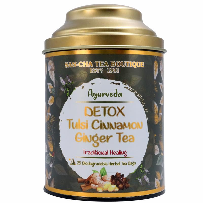 San-Cha Ayurveda Detox Tulsi Cinnamon Ginger Herbal Tea - 25 Biodegradable Pyramid Tea Bags | Boosts Immunity, Fights Bacteria - Caffeine Free