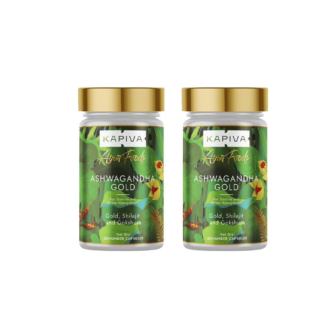 Kapiva Ashwagandha Gold Capsules, 183rd Day Harvested Potent Nagori Ashwagandha With Shilajit | Helps In Stress Management, Improve Energy | For Unisex, 60 Capsules 100gm 0.2lbs Each Pack Of 2