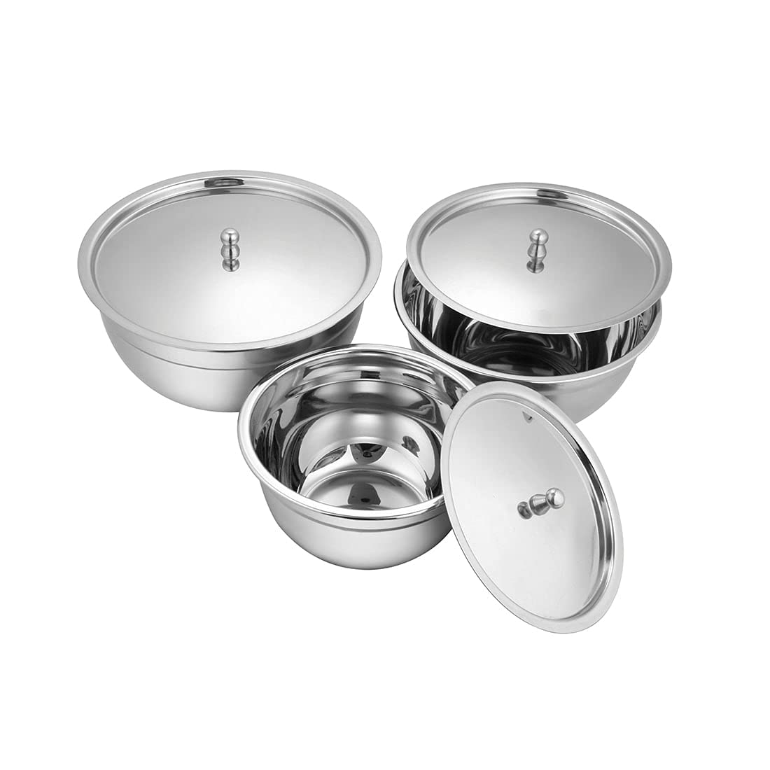 Stainless Steel Serving Tezon Bowl With Stainless Steel Lid Set Of 3 Pieces, Silver | 700ml+ 950ml+ 1500ml, Dishwasher Safe