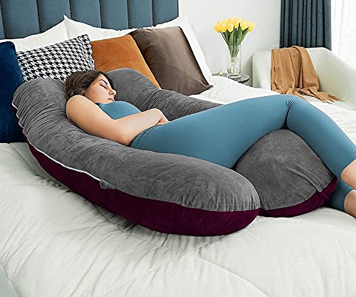 U Shaped Pillow, Pregnancy Pillow For Maternity & Baby Nursing - Wine & Grey | Pregnant Women Stomach, Spine, Neck Support, Velvet Outer Cover With Zip, Full Body Pillow, Adjustable Pillow