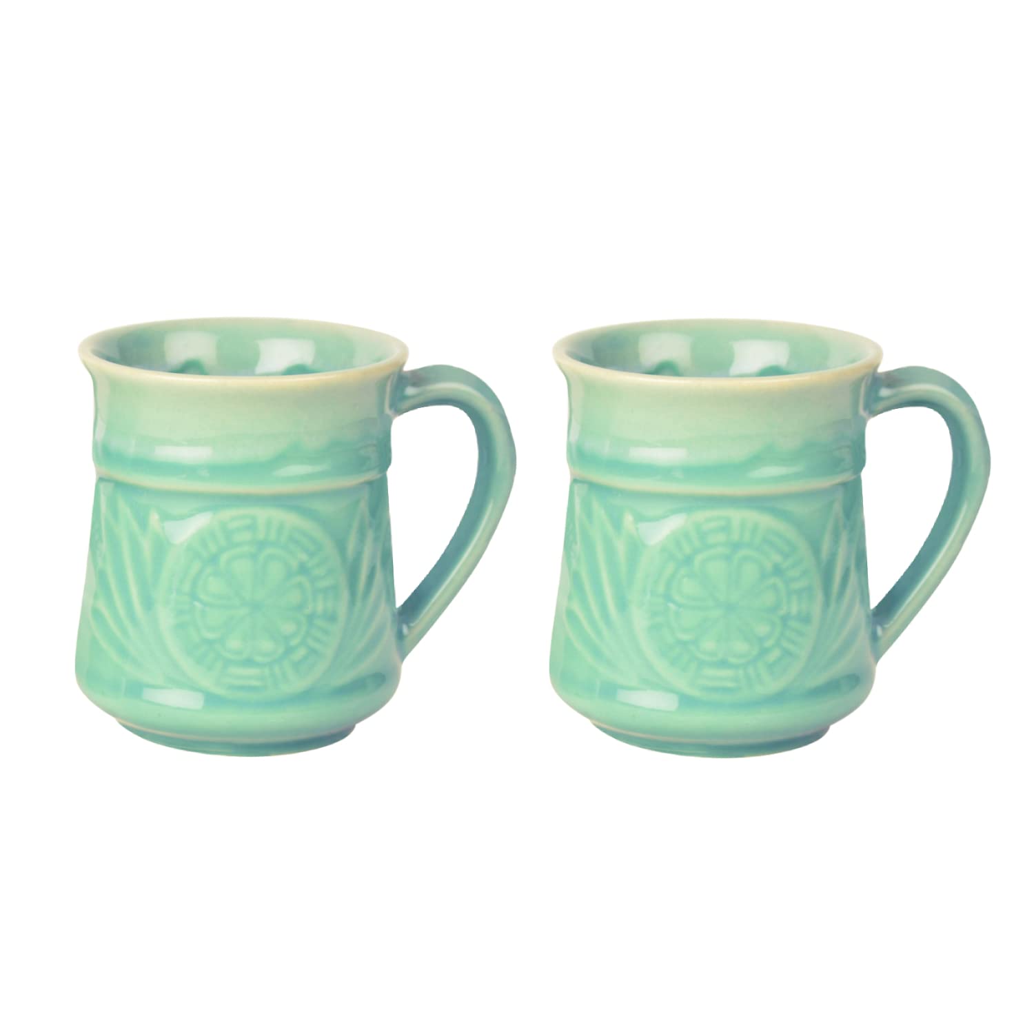 Studio Pottery Etched Ceramic Coffee Mugs Set Of 2 - 300ml Each, Turquoise | Milk Mugs - Tea Cups & Mugs