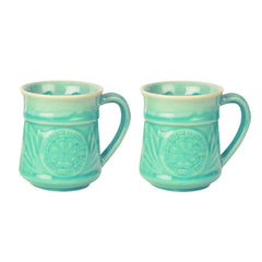 Studio Pottery Etched Ceramic Coffee Mugs Set Of 2 - 300ml Each, Turquoise | Milk Mugs - Tea Cups & Mugs