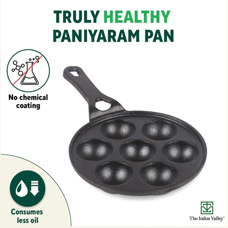 Super Smooth Black Cast Iron Paniyaram Pan With Long Handle - 7 Pits, 21cm, 8.3 Inch, 1.9 Kg | Nonstick, Pre-Seasoned Appe Or Paddu Pan, 100% Pure & Toxin-Free, No Chemical Coating