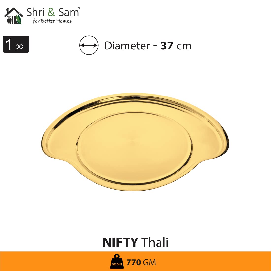 Nifty High Grade Stainless Steel Thali Set With PVD Coating, Gold | 5 Katoris+ 1 Glass+ 1 Quarter Plate+ 1 Full Plate+ 1 Dessert Spoon