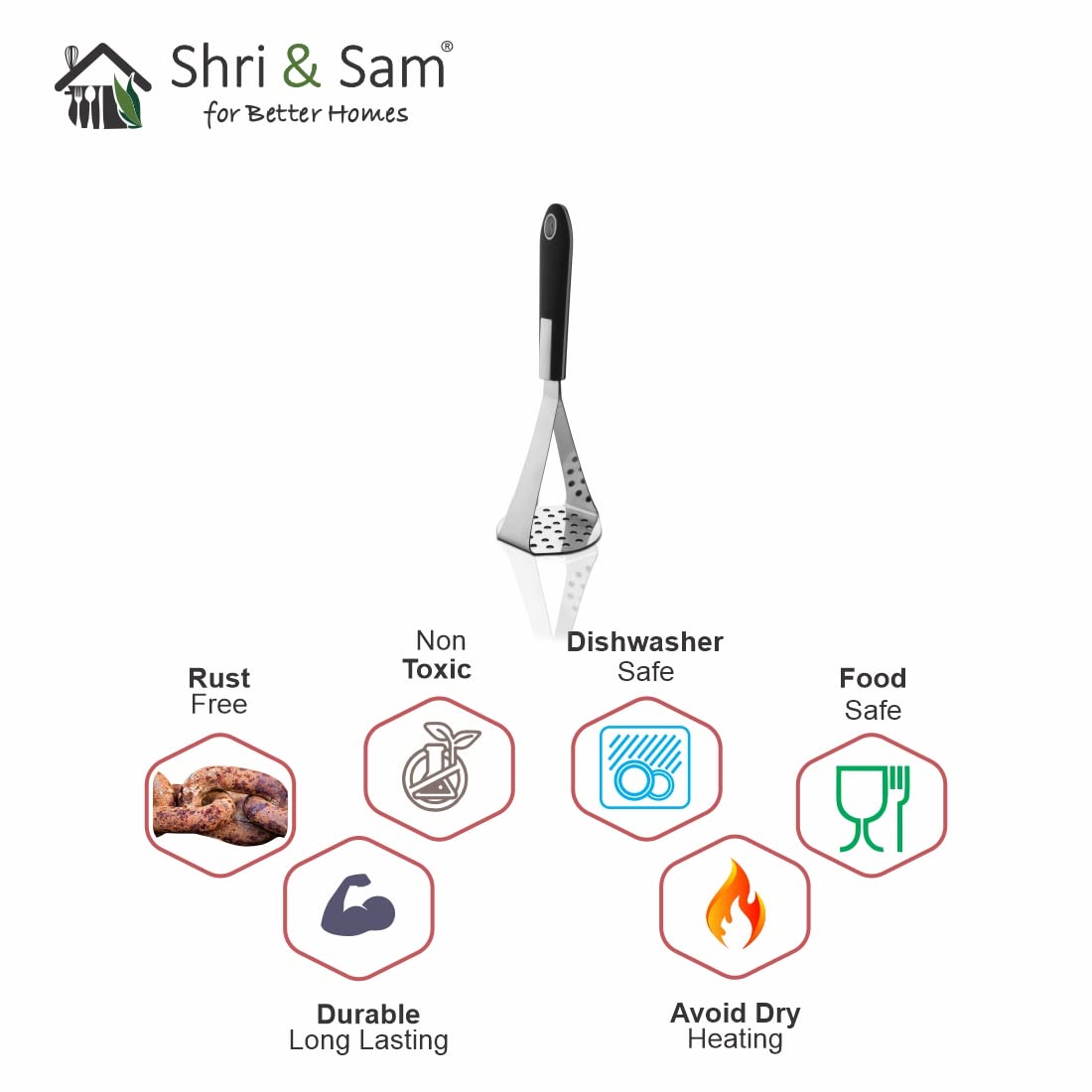 High Grade Stainless Steel Double Handle Masher, Silver | Easily Mash Boiled Potatoes & Other Vegetables For Pav Bhaji, Stuffed Paratha, Masala Dosa (Large)