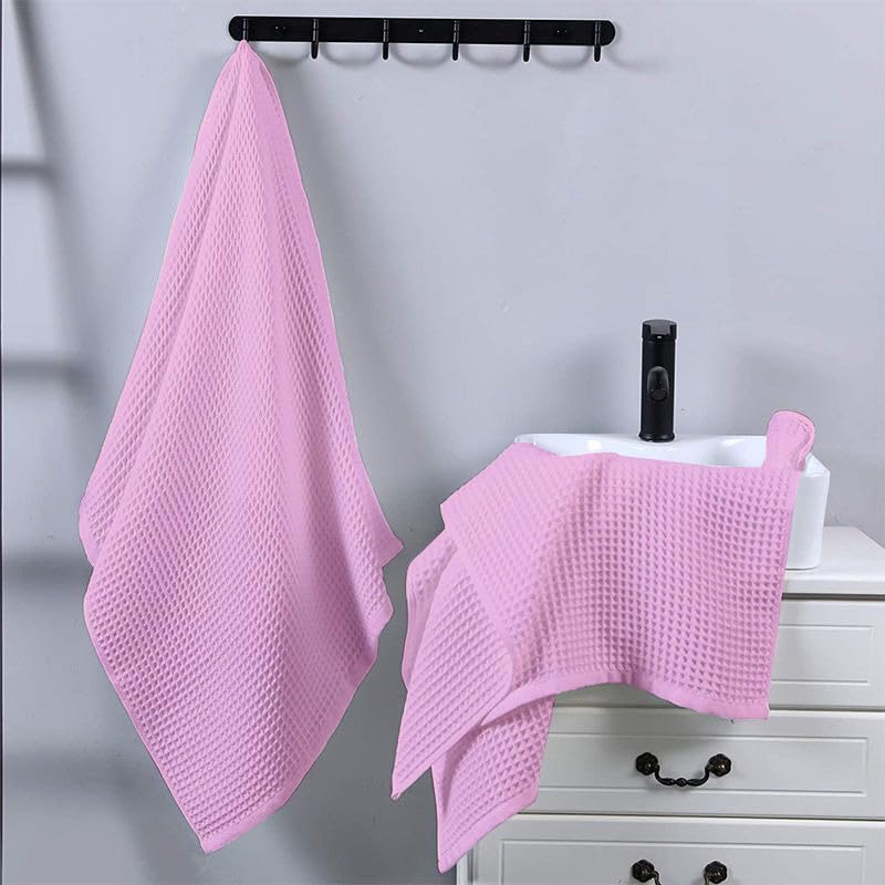 Enchant Home Pure Cotton Waffle Towel 500 Gsm | Lightweight Anti-Microbial & Water Absorbent Soft Touch Quick Drying Hand Towels | Pink (Pack Of 4)