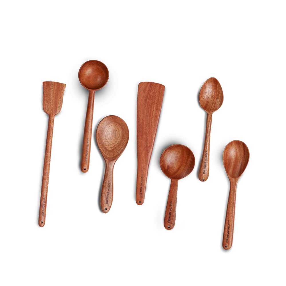 Brown Neem Wood Compact Flip, Spatula, Ladle For Cooking Dosa, Roti, Chapati | Kitchen Tools - No Harmful Polish, Naturally Non-Stick | Handmade Set Of 7