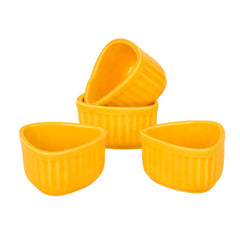 Handcrafted Ceramic Triangular Ribbed Dip Bowls Set Of 4 - Yellow, 50ml Each | Chutney Bowls - Ketchup Bowls