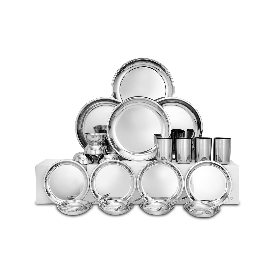 Stainless Steel Delight Solid Dinner Set Of 24 Pieces, Silver | 4 Dinner Plates+ 4 Side Plates+ 4 Glasses+ 4 Bowls+ 4 Pudding Bowls+ 4 Dessert Spoon