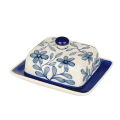 Hand Painted Ceramic Butter Dish With Lid - Blue & White, Height: 8 Cm | Butter Serving Set - Butter Container For 500 Gm