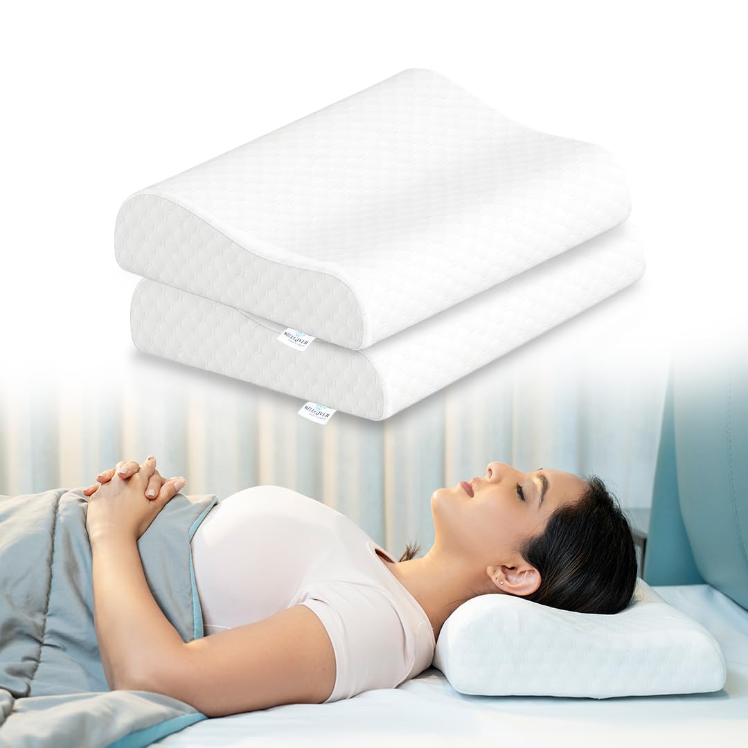Memory Foam Cervical Pillow, Orthopedic Pillow, Standard Size - 19 X 11 Inch | White Pillow, Neck Support Pillow For Sleeping, Neck & Shoulder Pain | Removable Zipper Cover - Pack Of 2