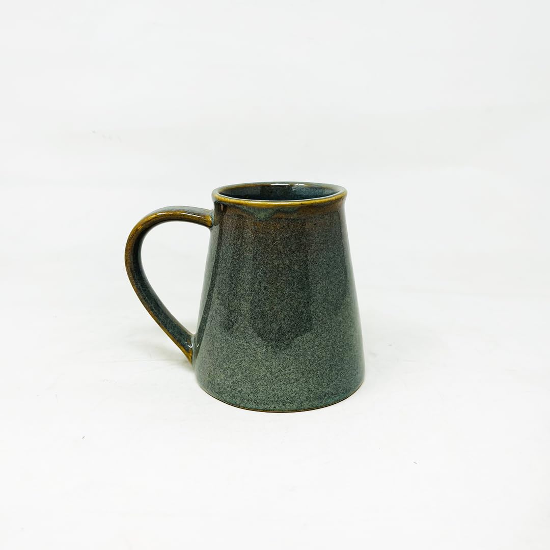 Green Funnel Ceramic Coffee Mug Set Of 2 Pieces - 330ml Each | Studio Pottery Ceramic Mugs For Coffee, Tea, Milk - Microwave Safe & Leak Proof