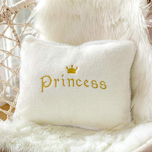 Princess Embroidered Velvet Fur Cushion Pillow, For Kids Room, White Color - 12 X 18 Inch | For Living Room, Bedroom, Luxury Furnishing, Throw Pillow | Rectangle Shape, Washable - Pack Of 1