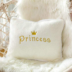 Princess Embroidered Velvet Fur Cushion Pillow, For Kids Room, White Color - 12 X 18 Inch | For Living Room, Bedroom, Luxury Furnishing, Throw Pillow | Rectangle Shape, Washable - Pack Of 1