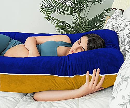 U Shaped Pillow, Pregnancy Pillow For Maternity & Baby Nursing - Gold, Royal Blue | Pregnant Women Stomach, Spine, Neck Support, Velvet Outer Cover With Zip, Full Body Pillow, Adjustable