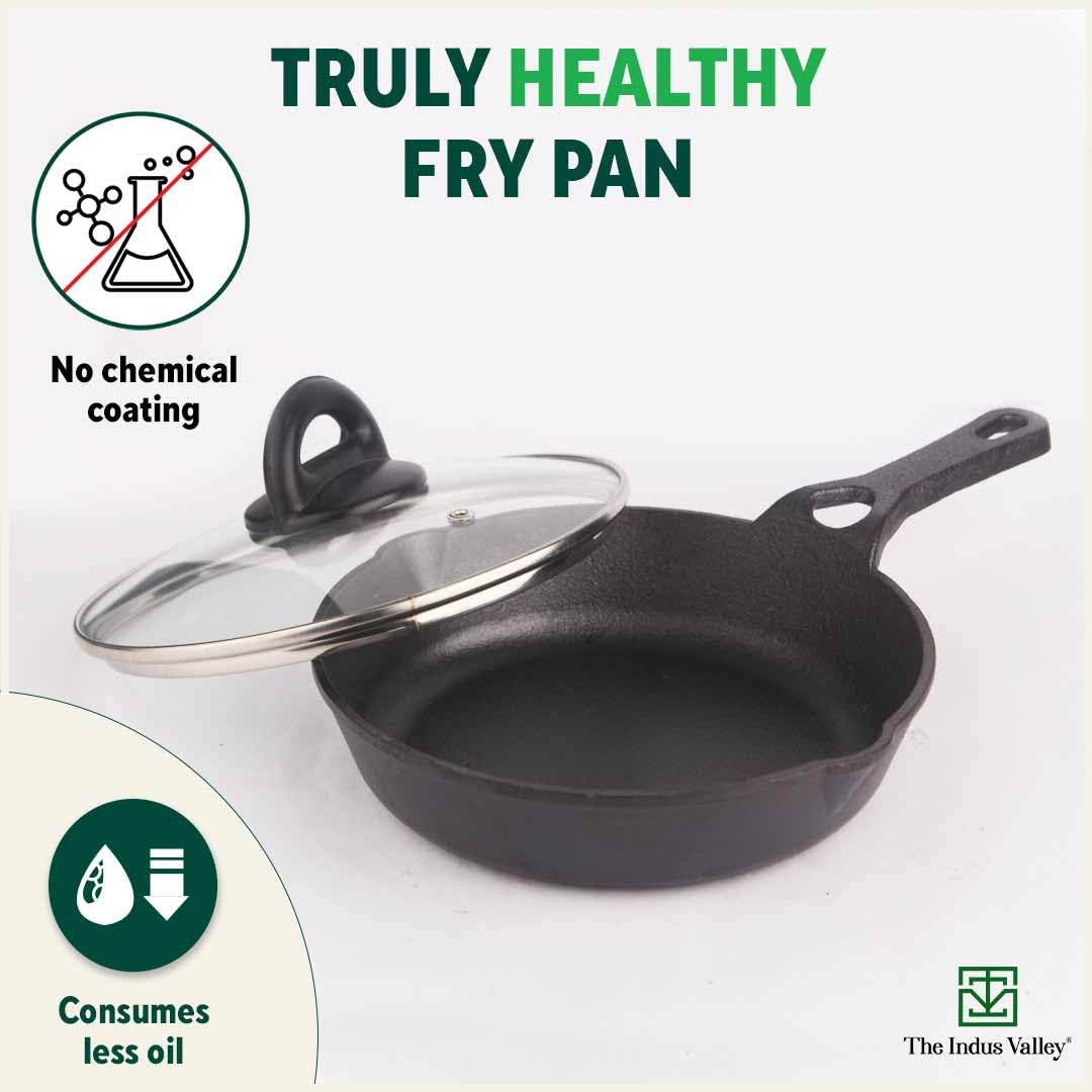 Pre-Seasoned Black Cast Iron Fry Pan Or Skillet With Glass Lid - Medium, 20.3cm, 8 Inch, 0.9 Ltr, 1.6 Kg | Induction Friendly, Nonstick Fry Pan, 100% Pure & Toxin Free, No Chemical Coating