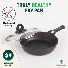 Pre-Seasoned Black Cast Iron Fry Pan Or Skillet With Glass Lid - Medium, 20.3cm, 8 Inch, 0.9 Ltr, 1.6 Kg | Induction Friendly, Nonstick Fry Pan, 100% Pure & Toxin Free, No Chemical Coating