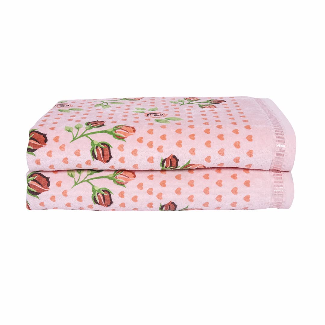 Rangoli Rose & Heart 100% Cotton Bath Towels 900 Gsm | Ultra Soft & Super Absorbent Bathing Towel (Peach) - Pack Of 2
