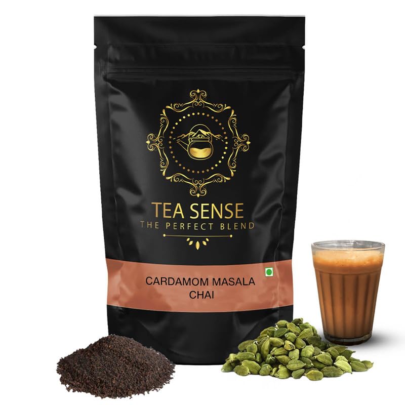 Tea Sense Cardamom Masala Chai - 200gm, 7.05 Ounce | Assam CTC, Real Cardamom, Elaichi - Rich Flavor & Strong Chai Patti, High Caffeine | Aromatic Strong Blend Loose Leaves