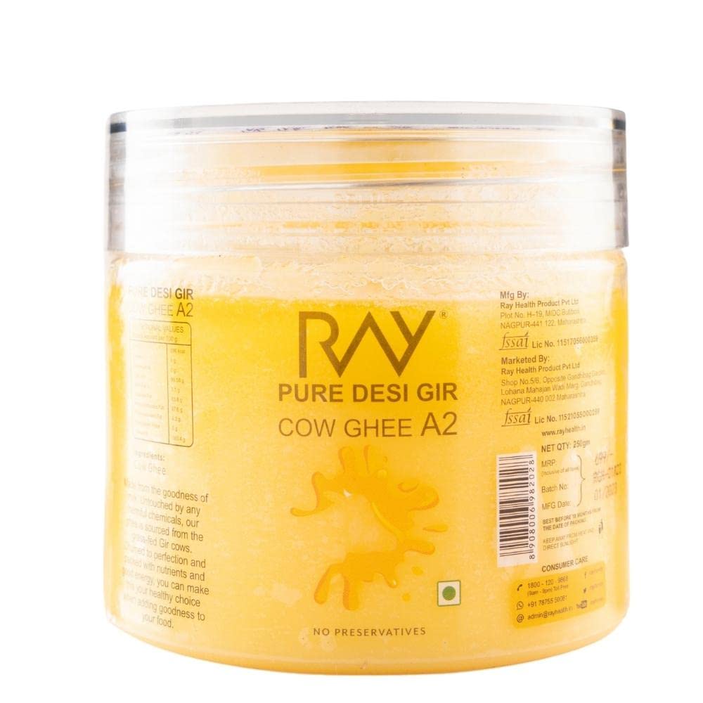 Organic A2 Gir Cow Ghee By Lb Ray | Rich In Nutrients & Healthy Pure A2 Ghee Perfect For Improves Hair Health | (250ml) 8.4 Ounce | Jar Pack