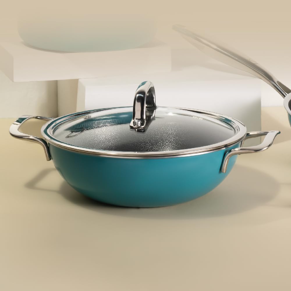 Vida Stainless Steel Triply Kadhai With Glass Lid - 24 Cm, 2.7 Liters | Etched Nonstick Kadai - Rivet Less Wired Double Handles | Induction & Gas Base