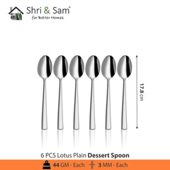 Stainless Steel Lotus Plain Desert Spoon Set Of 6 Pieces, Silver | Easy To Clean & Dishwasher Safe