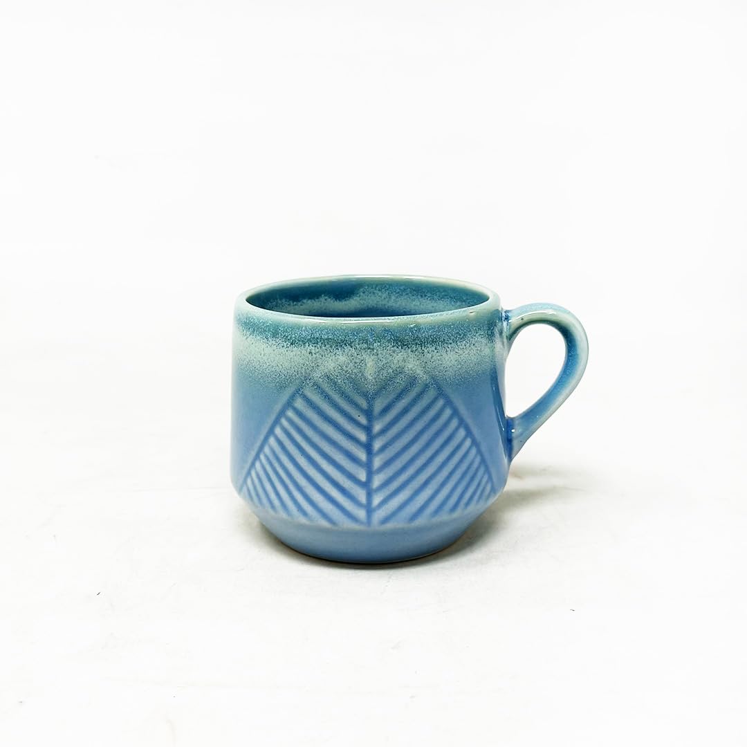 Icy Blue Leaf Embossed Ceramic Coffee Mug Set Of 2 Pieces - 330ml Each | Ceramic Mugs For Coffee, Tea, Milk - Microwave Safe & Leak Proof