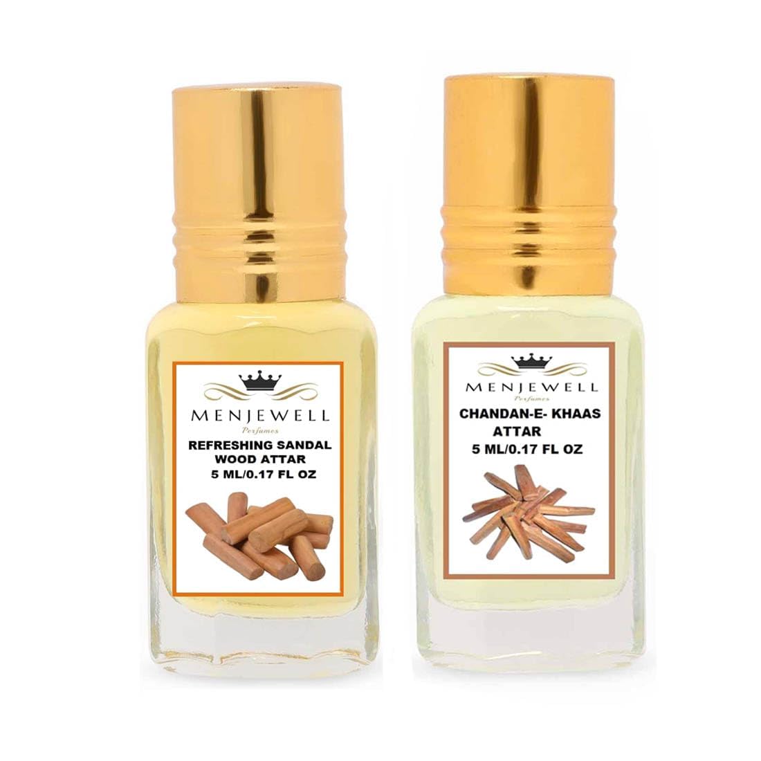 Menjewell Chandan-E-Khaas + Refreshing Sandalwood Attar Perfume 5ml 0.17 Fl.oz. Each Pack Of 2 | Unisex Fragrance | Long Lasting | Alcohol Free