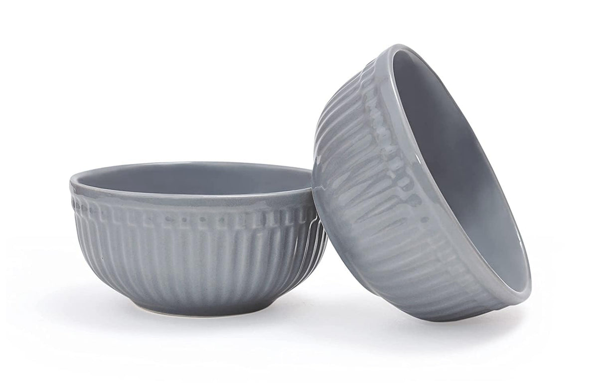 Ceramic “Strip” Handcrafted Multipurpose Serving Bowl Katoris Set Of 2 - 450ml Each, Grey | Cereal Bowl, Soup Bowl, Salad Bowl - Dishwasher & Microwave Safe