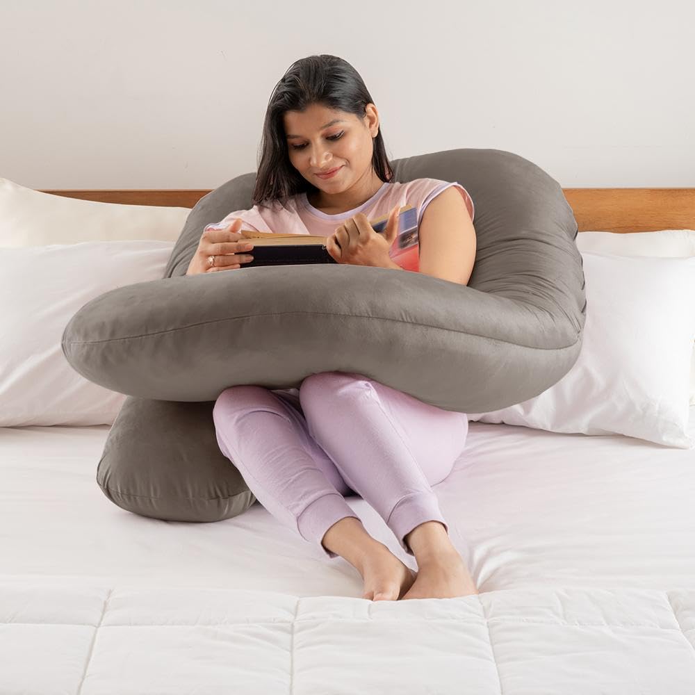 Pregnancy Pillow, G Shaped Pillow, For Pregnant Women, Charcoal Grey | Maternity Pillow For Pregnant Mothers | Velvet Cover, Full Body Support For Better Sleep, Pillow For Back Support