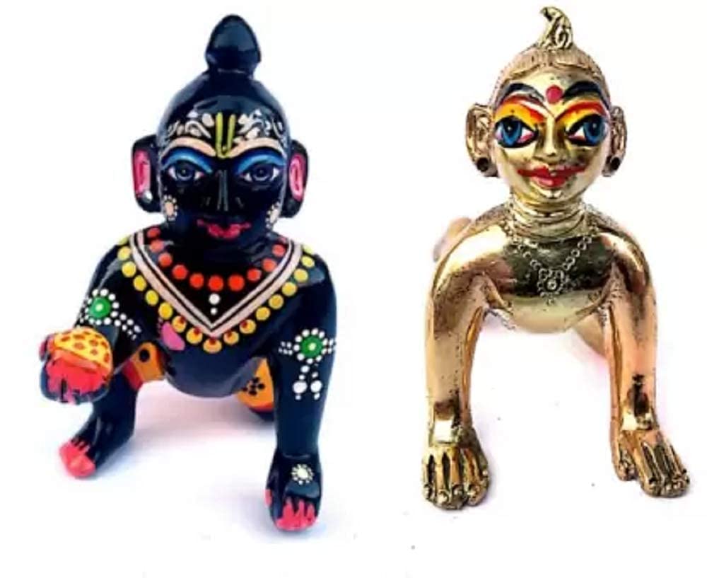 Laddu Gopal & Radha Rani Statue Murti, Black & Gold, Brass, Hand Painted Idol, Krishna Religious Idol & Figurine, Black Bal Gopal Ji & Bal Radha Rani Statue
