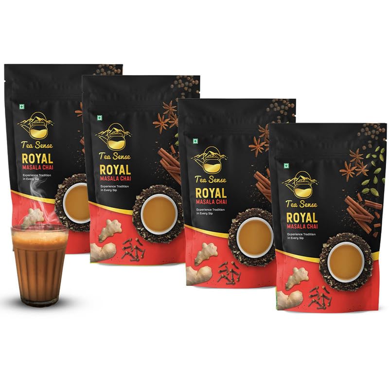Tea Sense Royal Masala Chai - Pack Of 4 X 200gm, 7.05 Ounce Each | Assam CTC, Ginger, Cardamom, Clove, Cinnamon, Black Pepper, Star Anise - Strong & Kadak Chai Patti, High Caffeine