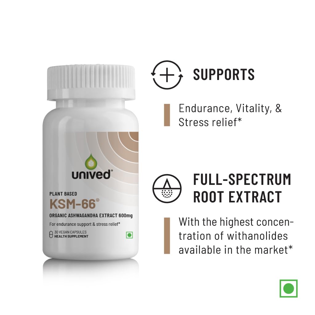 Unived Ksm-66 Ashwagandha 600mg Vegan Full Spectrum Root Extract Standardized To 5% Withanolides For Stress, Anxiety, Endurance, & Strength | 30 Vegan Capsules 50gm 0.1lbs