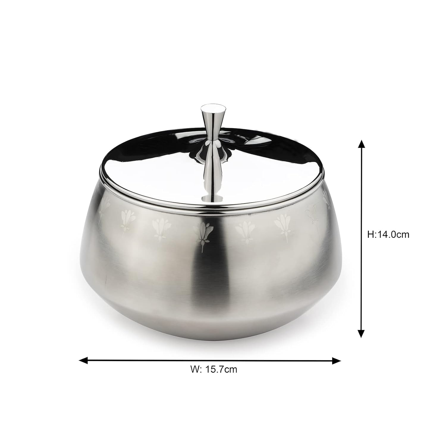 Stainless Steel Double-Walled Serving Bowl With Lid - Zenith Series | Floral Pattern Serving Pot - Small Dining Table Bowl | Curry, Rice, Sabzi Serving Bowl - Serve Ware, Dinnerware & Tableware