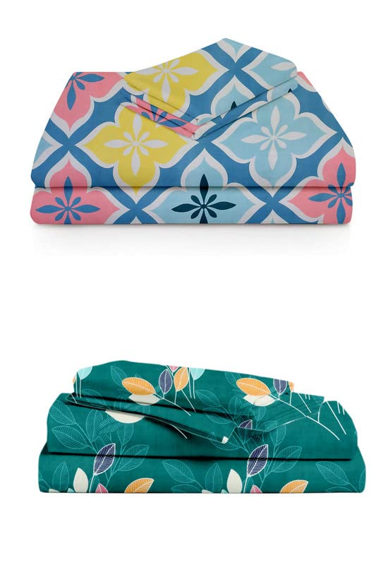 Printed Bedsheets Combo Pack Of 2 Single Bedsheet With 2 Pillow Cover | 58 X 88 Inches, Dark Green & Multicolor | Super Soft Premium Brushed Glace Cotton Bedsheet, Breathable & Wrinkle Free