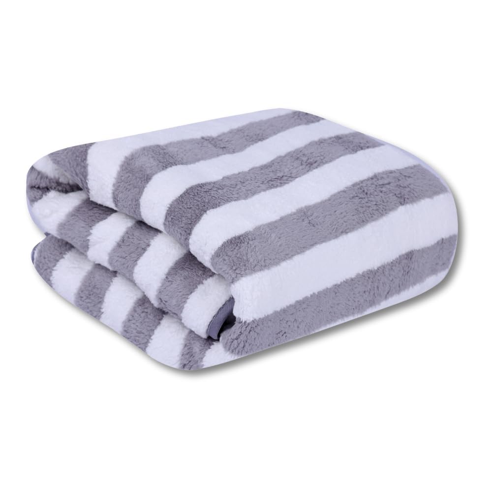 Mjn Microfiber Bath Towels Strip 310 Gsm | Extra Soft Plush & Quick Dry High Absorbency Large Size Towels For Bathing (Grey Line)