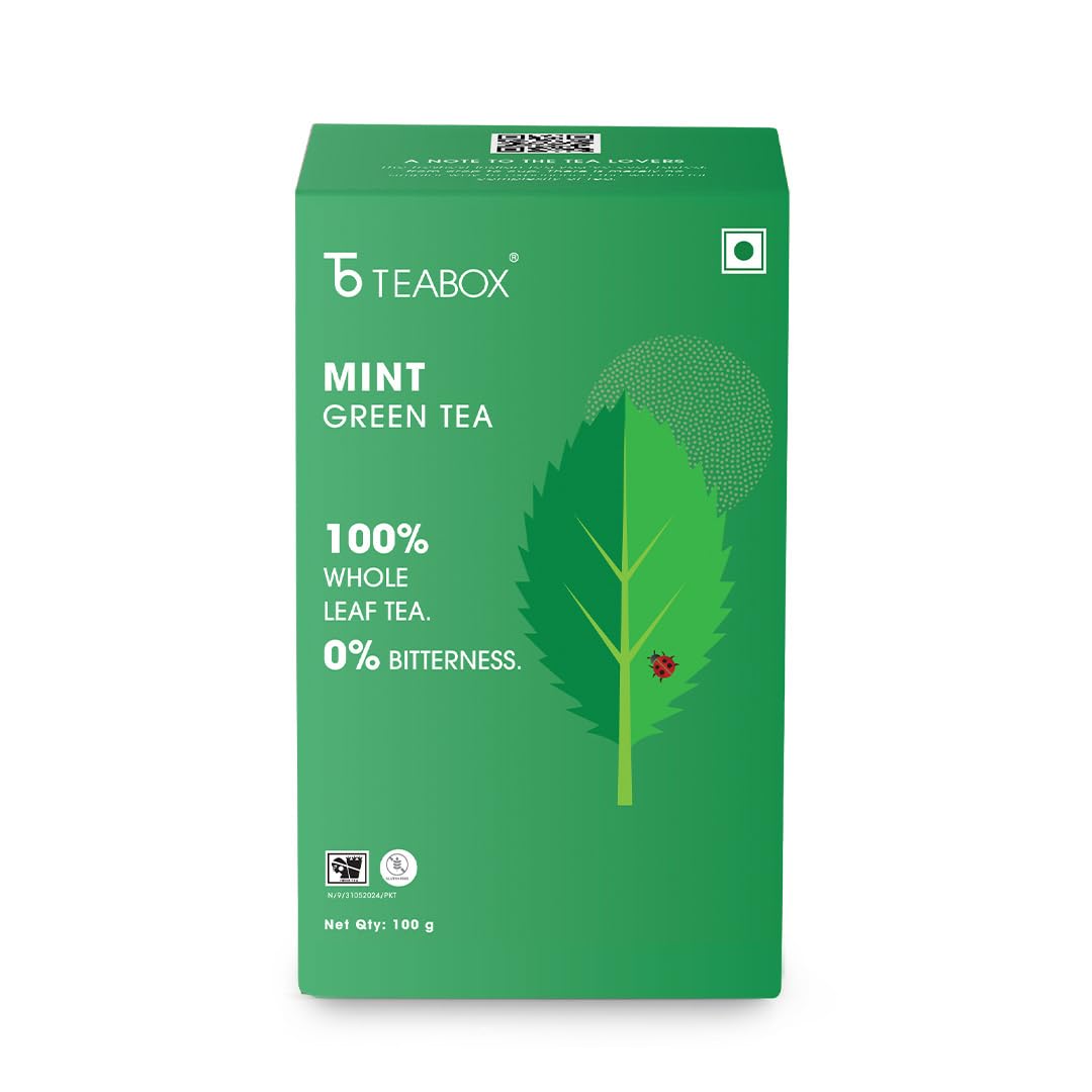 Teabox Mint Green Tea - 100gm, 3.5 Ounce | Exotic Blend Of Premium Green Tea & Real Peppermint Leaves - 100% Whole Leaf Tea | Low Caffeine, 0% Bitterness - Brew Hot Or Cold