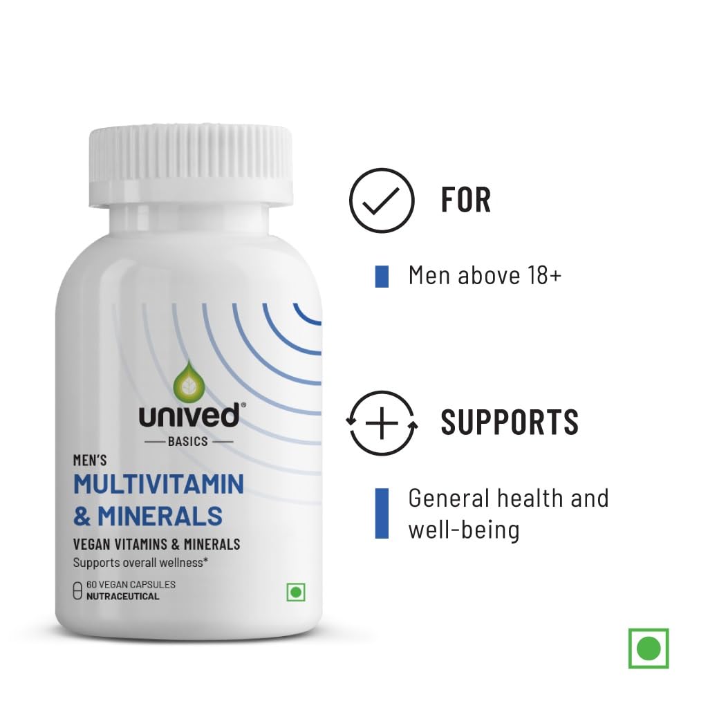 Unived Basics Multivitamin & Minerals Capsule For Men | 100% Rda Of All Vitamins With Algae Calcium & Plant Based Vitamin D3 Plus Important Minerals | 60 Vegan Capsules , 100gm 0.2lbs