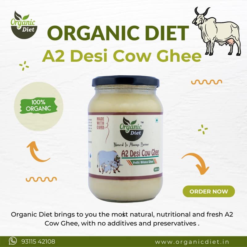 100% Pure A2 Desi Cow Ghee By Organic Diet | Traditional Bilona Curd-Churned Method Healthy Desi Ghee Good For Muscles | (500ml) 16.9 Ounce | Jar Pack