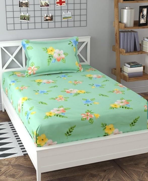 Glace Cotton Single Bedsheet Elastic Fitted With 2 Pillow Cover - 48x78x8 Inches, Green | Soft Touch To Skin | Perfect Ideal For House, Hotel, Guest House Bedsheet