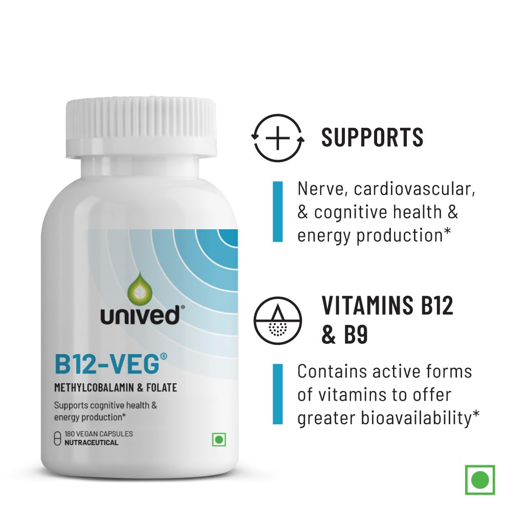 Unived Vitamin B12 Veg , Brain Cells & Nerve Tissue Support | Unflavoured , 180 Vegan Capsules , 300gm 0.66lbs